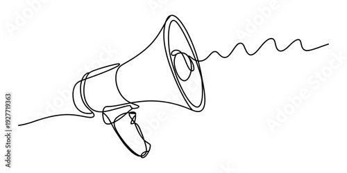 Continuous line drawing of a megaphone with sound waves representing communication and announcement. Vector, illustration