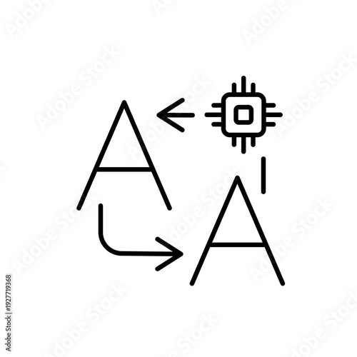 A vector icon showing intelligent AI-powered translation between languages, with typographic symbols and arrows, created in line style with editable stroke