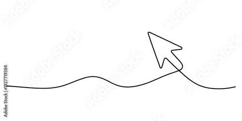 Single continuous line drawing of a wavy path transitioning into a computer mouse cursor arrow Vector, illustration