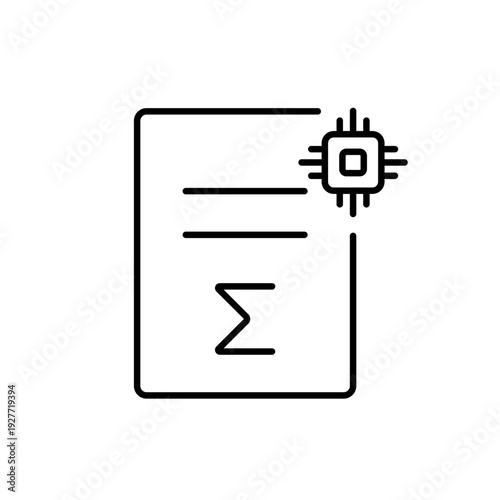 A vector icon representing AI-powered summarization of a document, showing a sum symbol and AI marker, created in line style with editable stroke