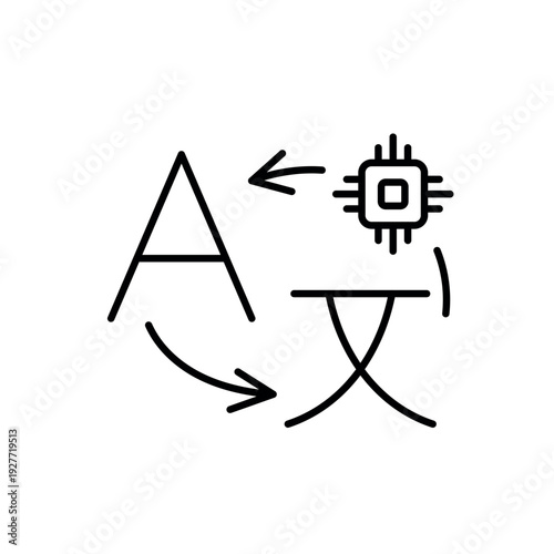 A vector icon showing smart translation powered by AI, with bidirectional arrows and characters, created in line style with editable stroke