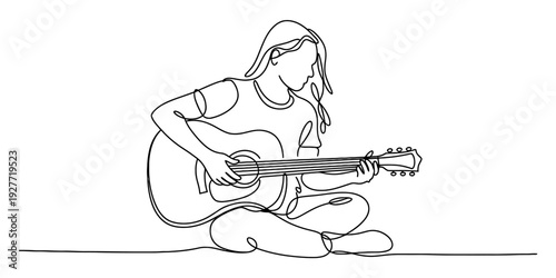 Minimalist one line art of a girl sitting cross-legged while playing her acoustic wooden guitar Vector, illustration