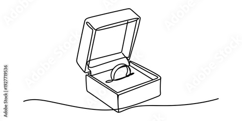 Simple black and white line drawing of an open jewelry box containing a wedding ring. Vector, illustration