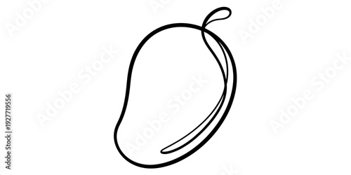 A simple black and white line drawing of a single mango fruit with a small stem. Vector, illustration