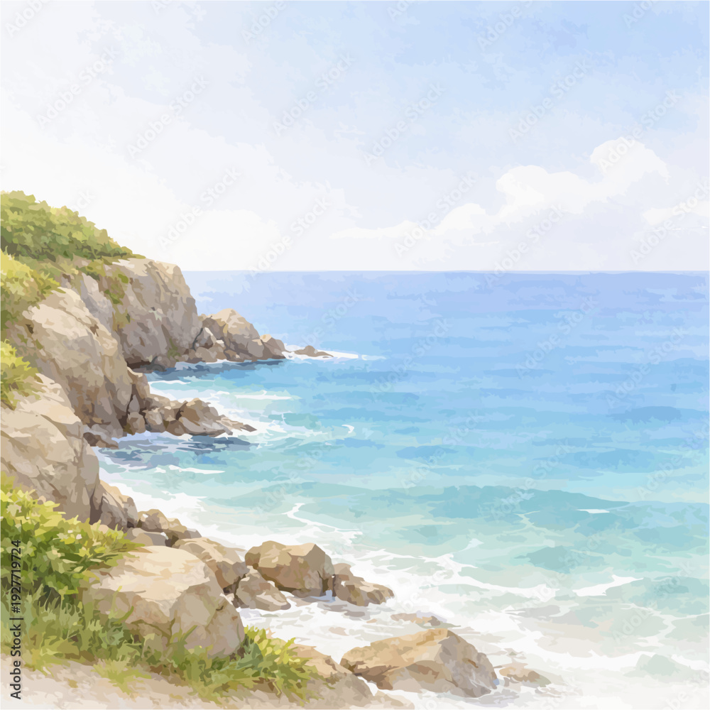 Fototapeta premium Minimalist Beach Watercolor Illustration with Copy Space
