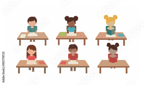 Elementary School Kids Studying and Reading Books at Classroom Desks Vector Illustration
