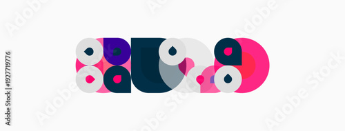 Abstract colorful shapes form playful composition. Circles, curves, pinks, purples dominate white background. Modern design element.