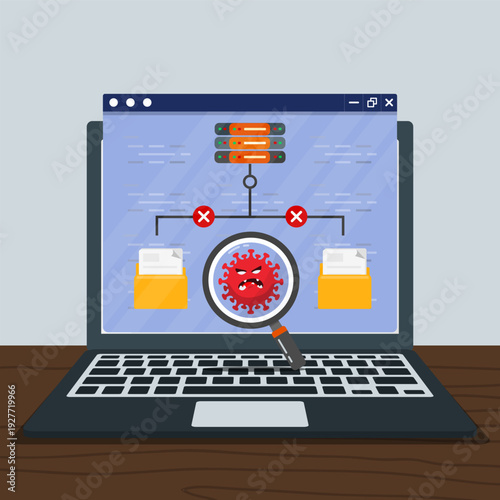 Cybersecurity scan detecting malware and infected files on laptop system. Concept of malware attack.