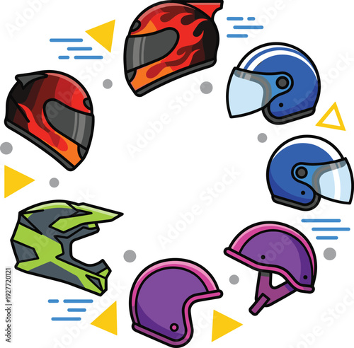 Motorcycle helmet set in different styles colorful protective gear collection for road safety racing sport transport and delivery service design projects.
