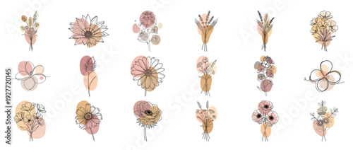 Minimalist floral illustrations with abstract shapes and soft pastel colors