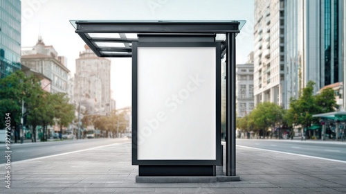 Blank billboard at a modern bus stop on a city street with blurred background buildings