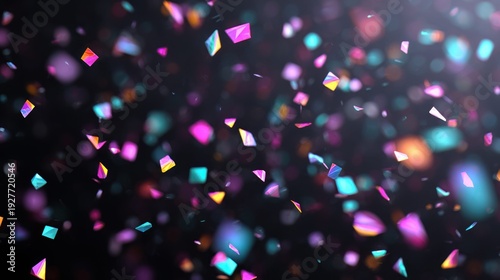 Abstract colorful confetti falling against a dark background with bokeh lights