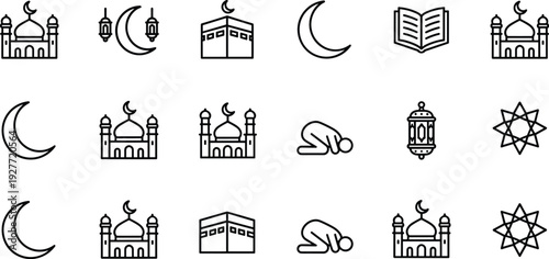 Islamic Ramadan and Eid line icon set featuring mosque, crescent moon, Kaaba, Quran, prayer position and lantern symbols in minimal outline vector style