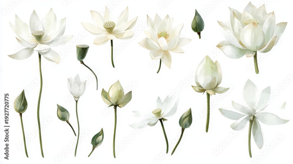 Fototapeta premium 5.Artistic set of white lotus motifs rendered with fluid brushstrokes, pale tones, and subtle hints of green, individually isolated on a bright white background