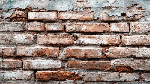 Weathered brick wall with peeling paint and exposed texture.