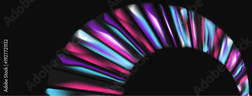 Abstract colorful arc dominates dark background. Shimmering lines create dynamic, modern visual effect. Bright hues contrast sharply.