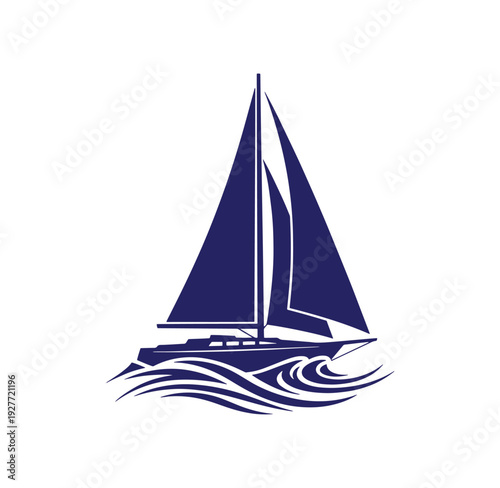 Sailboat sailing on waves with large sail in the ocean water recreation