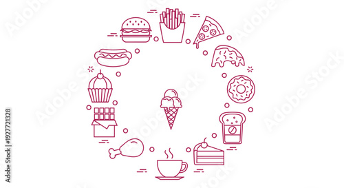 A minimalist vector graphic illustration of various food items in a circular pattern