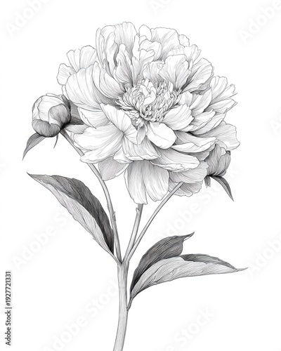 Detailed monochrome sketch of a lush peony bloom with delicate petals and buds