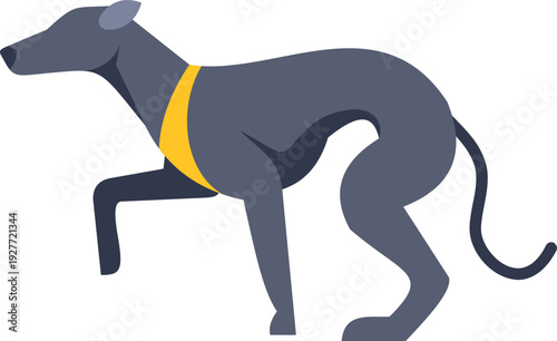 Grey sighthound dog standing wearing a yellow harness in a flat design
