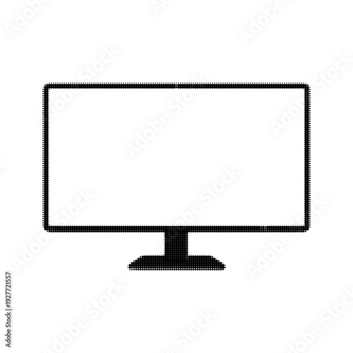 Computer monitor isolated on white background. Blank desktop screen in black and white halftone style. Modern display mockup for technology, workspace and digital interface concept.