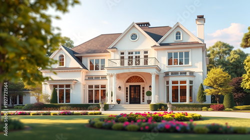 blurred illustration picture of a big luxury house with beautiful front garden, real estate background design,