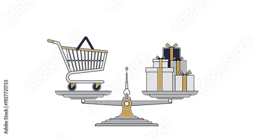 Vector illustration of a shopping cart and wrapped gifts on a balance scale, symbolizing safe transactions and consumer rights on World Consumer Rights Day.