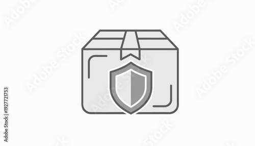 Vector illustration of a package with a shield icon on it, symbolizing safe transactions and consumer rights on World Consumer Rights Day, with a simple design and gray tones.