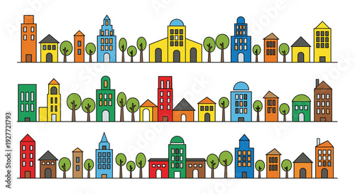 A colorful vector illustration of a vibrant cityscape with buildings and trees