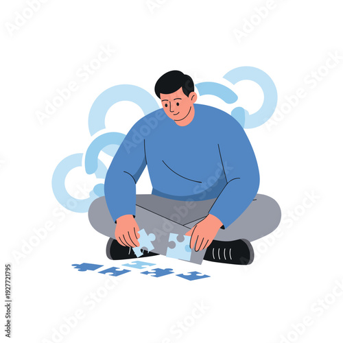 Young hispanic male solving puzzle on floor in blue sweater