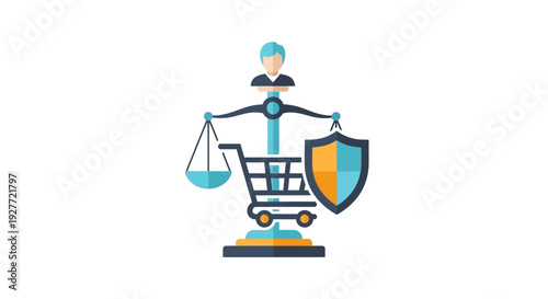 Vector illustration of a person holding a scale and shield next to a shopping cart on World Consumer Rights Day, symbolizing consumer protection and safe transactions in online shopping.
