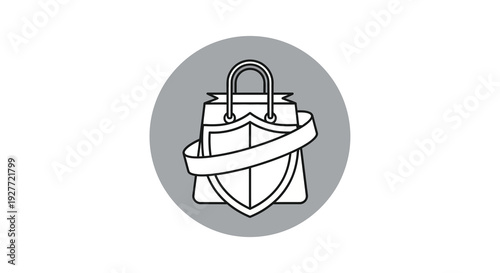 Vector illustration of a handbag with a shield wrapped around it, symbolizing consumer rights and safe transactions on World Consumer Rights Day, against a gray circular background.