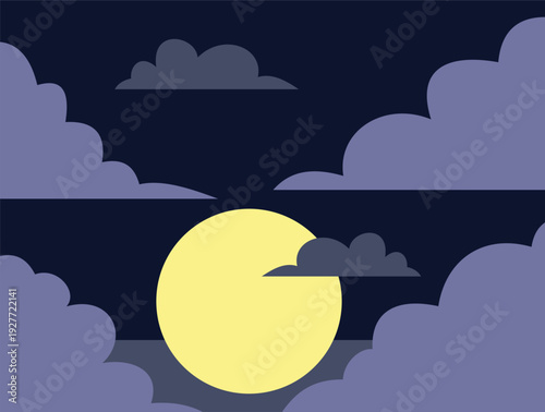 Full moon glowing behind an overcast sky at night