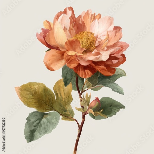 Watercolor illustration of a peony flower with stem, leaves, and buds on a neutral background