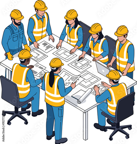 Construction engineers and architects reviewing blueprints at project planning meeting in office, flat vector illustration