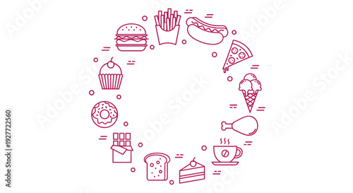 A minimalist vector graphic illustration of various food items in a circular pattern