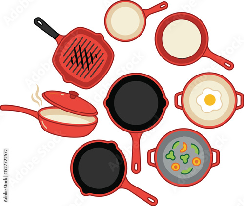 Red kitchen cookware set with frying pan grill pan pot and saucepan top view collection for cooking recipes food preparation and culinary design.