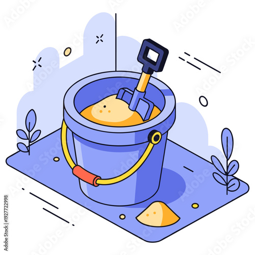 Cartoon sand bucket and shovel in a sandbox scene