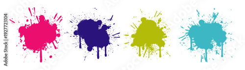 Colorful ink splatter set featuring vibrant pink, purple, lime, and cyan splashes. Realistic dripping and grunge effects for artistic backgrounds, posters, and creative designs