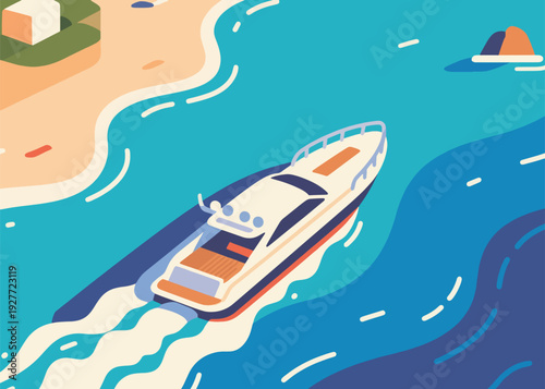 Speedboat in the Blue Sea Island Illustration Creative Design Template 