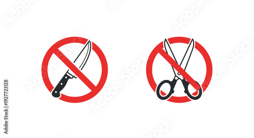 Clear graphic design illustrating prohibitions against carrying sharp objects like knives and scissors often used for safety warnings or restricted area signage
