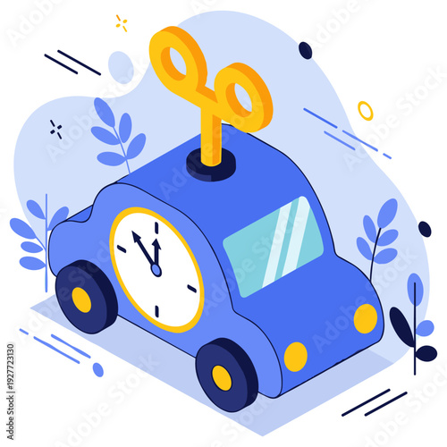 Blue toy wind-up car with clock and key on white background