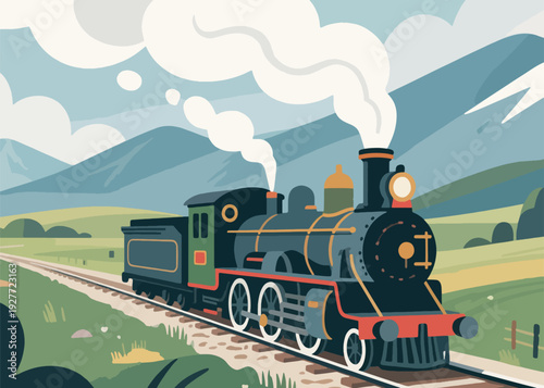 Steam Train Journey Scenery in the Mountains Illustration Creative Design Template 