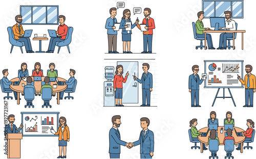 Corporate business meeting and teamwork scenes collection, office presentation negotiation collaboration concepts set, flat vector illustration