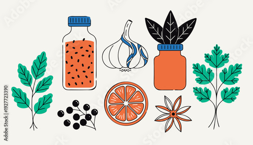 Flat Vector Herbs and Spices Collection: Culinary Botanical Seasoning Elements