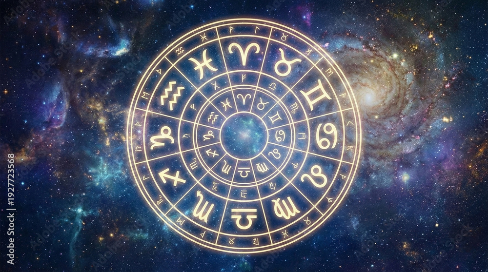 Fototapeta premium Golden Zodiac Wheel in Deep Space Galaxy, Astrology and Horoscope Symbol Circle