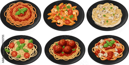 Set of six pasta dishes on black plates, Italian food collection, vector illustration isolated on white background for menu design