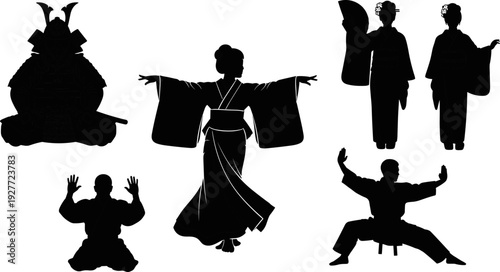Japanese culture silhouettes collection, samurai geisha kimono martial arts traditional Japan vector illustration isolated design set heritage concept