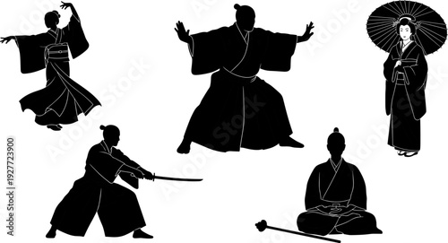 Japanese traditional culture silhouettes, samurai geisha kimono warrior vector illustration isolated design set for heritage theme