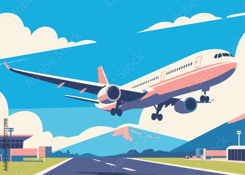 Airplane with Mountain View Illustration Creative Design Template 